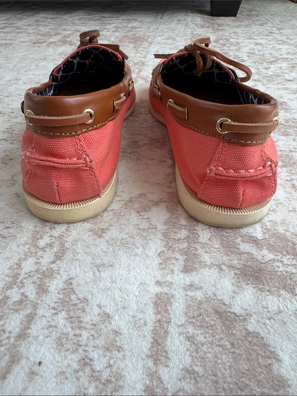 Talbot’s Slip-On Round Toe Drawstring Boat Shoes leather and coral